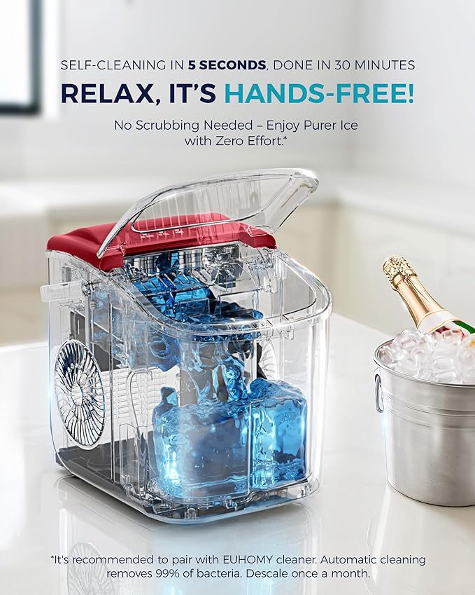 EUHOMY Countertop Ice Maker Machine with Handle, 26lbs Per Day, 9 Ice Cubes Ready in 6 Mins, Auto-Cleaning Portable Ice Maker with Basket and Scoop, for Home/Kitchen/Camping/RV (Red)