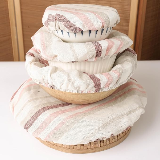 100% Linen Bowl Covers Reusable For Bread Proofing, 4 Pcs Elastic Cloth Fabric Colorful Stripe Bowl Covers, 5.9*7.9*9.8*11.8 Inches, Colorful 3