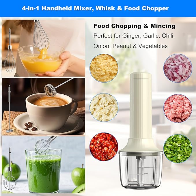 Cordless Hand Mixer MixgoII, Handheld Mixer Electric Whisk & Milk Frother, Hand Held Mini Mixers, Rechargeable Hand Mixer and Whisker, Food Processor for Cooking, Food Chopper, 4-Speed, 10Oz