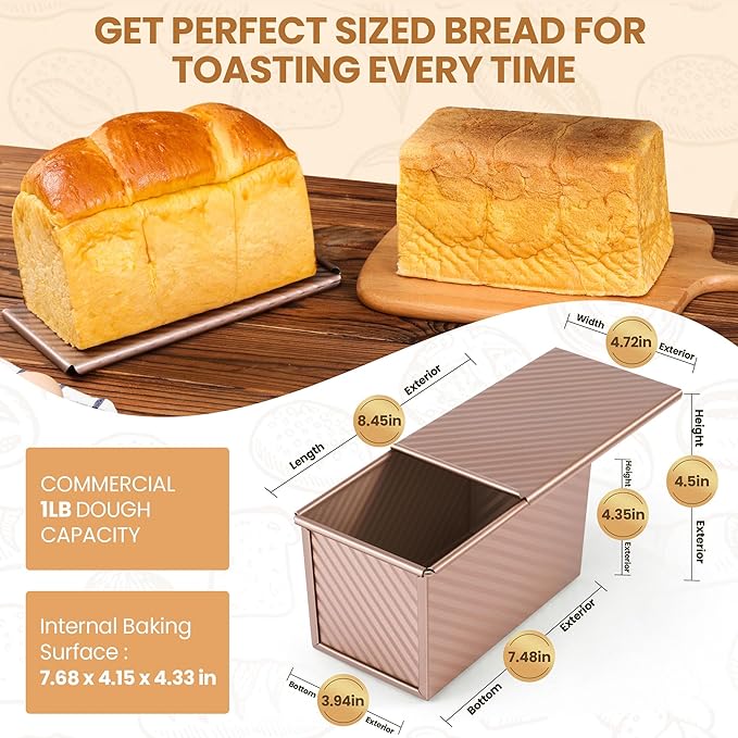 Yupjlia Pullman Loaf Pan with Lid, Premium 1 lb Dough Sandwich Nonstick Bread Pan with Lid for Homemade Bread, Heavy Duty Carbon Steel Corrugated Pullman Toast Box with Cover for Baking, Bakeware