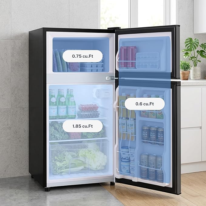 3.2 Cu.Ft Mini Fridge with Freezer, 2 Door Small Refrigerator with Adjustable Thermostat Energy-efficient Low Noise, Compact Fridge for Bedroom, Office, Dorm, Silver
