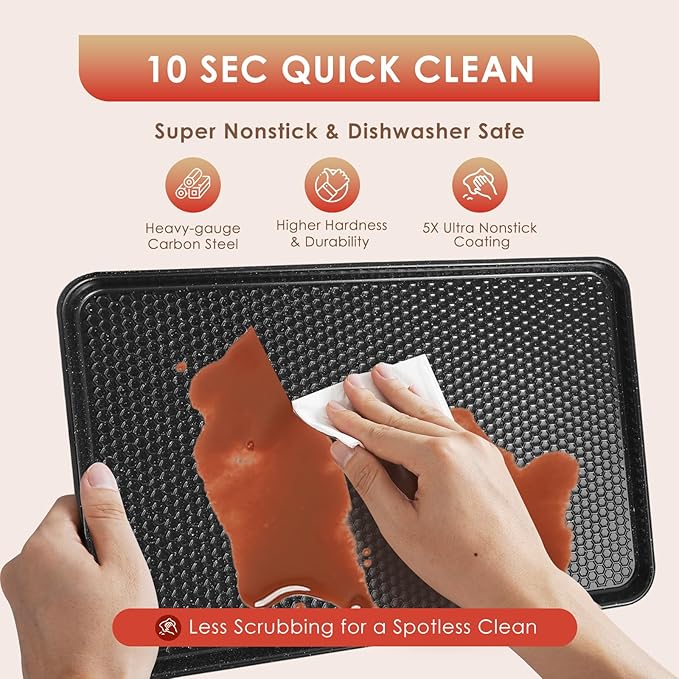 Baking Sheet Pan Set of 3, Nonstick Carbon Steel Cookie Sheets with Texture, Commercial Half/Quarter/Jelly Roll Pans Replacement Toaster Oven Tray, Heavy Duty & Easy Clean, Black