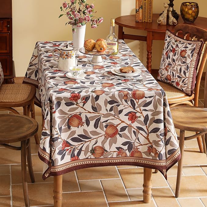patdrea Designer Vintage Long Tablecloth for Rectangle Table,Linen Pomegranates Leaves Pattern Tablecloths,Decor Table Cover for Kitchen Dining Christmas,Party,Thanksgiving,63"x102"-Tehran a