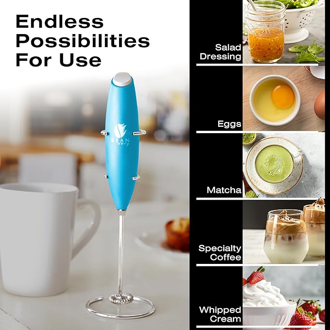 Bean Envy Milk Frother, Coffee Stirrers, Frother Wand, Milk Frother Handheld, Frother with stand, Hand Blender for Coffee, Lattes, Cappuccino, Matcha and Hot Chocolate – Kitchen Gifts - Light Blue