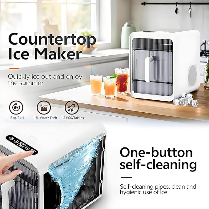 Clear Ice Maker, Makes 12 Ice Cubes in 10 Mins, Portable Self-Cleaning Countertop Ice Maker, Suitable for Whiskey, Vodka, Cocktails, Beer, Juice, Drinks and More