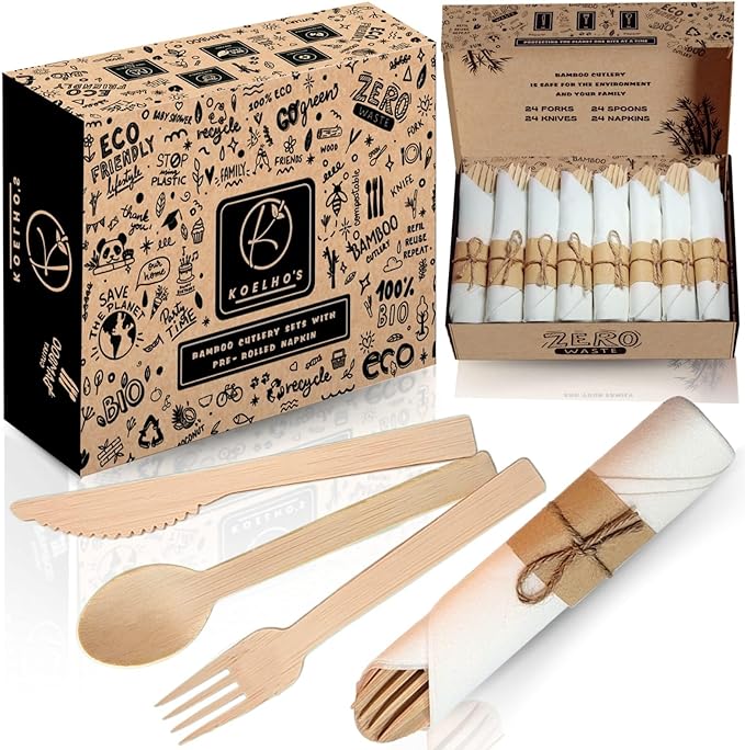 KOELHO'S Pre-Rolled Bamboo Cutlery Set 24-Pack 96 PCS | Bamboo Disposable Utensils 100% Biodegradable and Eco-Friendly | Wooden Utensils Disposable for Parties, Weddings, and Events