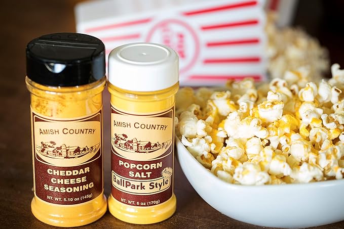 Amish Country Popcorn | Seasoning Variety Pack | BallPark Style ButterSalt - 5.5 oz & Cheddar Cheese - 4.7 oz Popcorn Seasoning | Old Fashioned, Non-GMO