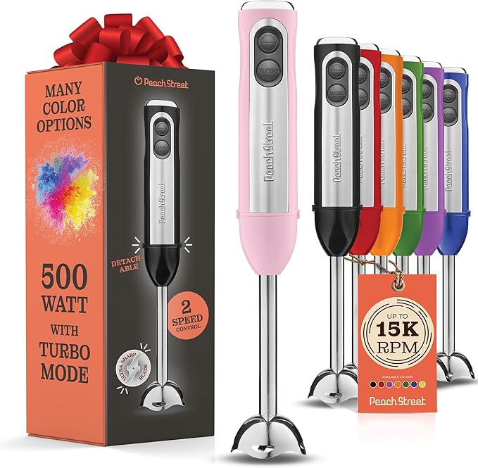 Powerful Immersion Blender, Electric Hand Blender 500 Watt with Turbo Mode, Detachable Base. Handheld Kitchen Blender Stick for Soup, Smoothie, Puree, Baby Food, 304 Stainless Steel Blades (Pink)