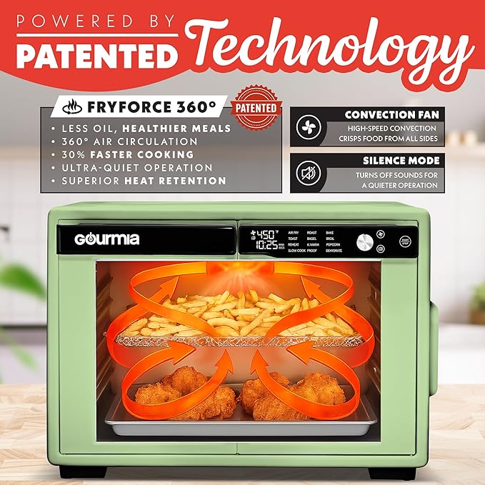 Gourmia French Door Air Fryer Oven - 37 Qt Large Capacity Convection Toaster Oven, FryForce 360°, Digital Display, 12 Cooking Presets, Dehydrate, Fits 13” Pizza, Dishwasher-Safe, Green