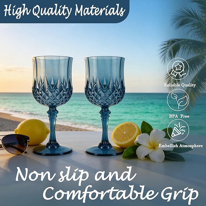 Plastic Wine Glasses, Plastic Goblets Vintage Style Cordial Unbreakable Drinking Glasses, Reusable Drinkware for Wedding Reception, Grand Event Party Supplies (12, Navy Blue)
