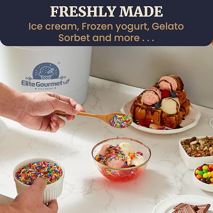 Elite Gourmet 4Qt Electric Ice Cream Maker EIM350 Delicious Homemade Ice Cream, Gelato, Sorbet, Frozen Yogurt, 4Qt Aluminum Freezing Cannister, Durable Plastic Ice Bucket, Powerful 50W, Periwinkle