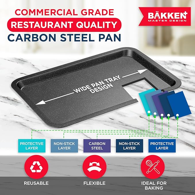 BAKKEN Kitchen Baking Pans - Nonstick Gray Coating, 13.18’’ × 8.66’’ Commercial Grade Carbon Steel Cookie Sheet, Baking Kitchen Essentials, PFOA, PFOS, PTFE Free, Oven Safe Tray (450° F), Gray Marble