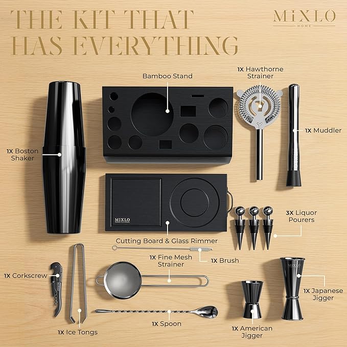 Mixology Bartender Kit - 15Pcs Bar Set Cocktail Shaker Set w Black Bar Cart Accessories Stand - Shakers Bartending Gun Metal Black Tools, 24oz Shaker, 17 Recipe Cards, Martini Barware