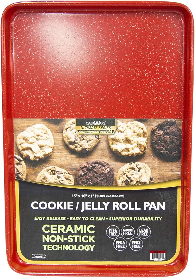 casaWare 3pc Ultimate Commercial Weight Cookie Sheet Set, Two 15 x 10-Inch Pans, One 13 x 9-Inch-Inch Pan (Red Granite)
