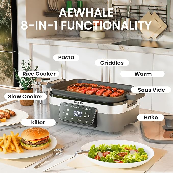 AEWHALE Multifunctional Electric Skillet with Grill|8 Cooking Functions|Removable Non-Stick Plate+Pot+Lid,1500 W Digital Family Size Griddle