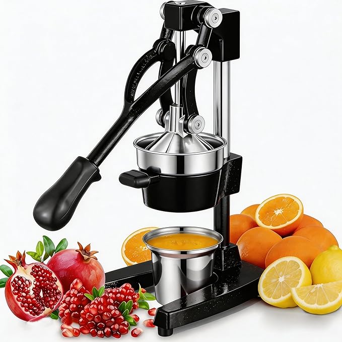 Commercial Heavy Duty Cast Iron Hand Press Manual Orange Citrus Lemon Lime Grapefruit Pomegranate Fruit Juice Squeezer Machine with Stainless Steel Cup Black