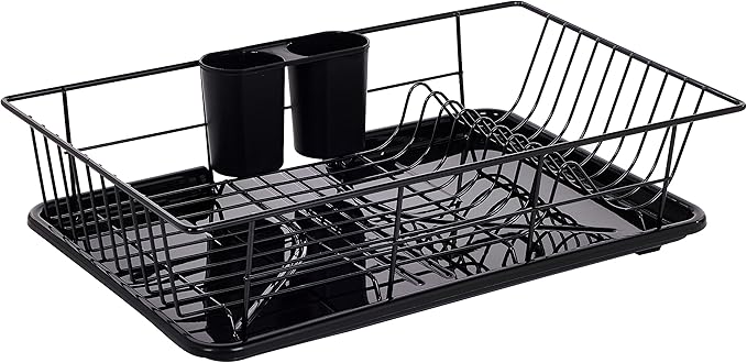 Sweet Home Collection Metal, Plasic ,Dish Drainer Drain Board and Utensil Holder Simple Easy to Use, 12" x 19" x 5", Black