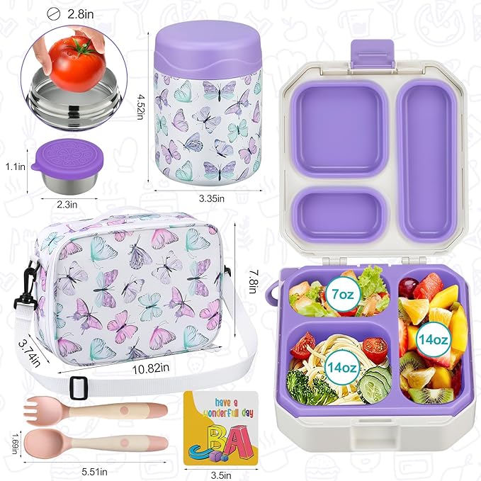 wiwens Bento Lunch Box for Kids with 12oz Soup Thermo Leak-Proof Lunch Food Container with 5 Compartment Thermo Hot Food Jar and Insulated Lunch Bag for Kid Toddler Girls Boys to School