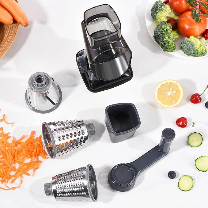 Rotary Cheese Grater with Handle Kitchen Shredder Slicer Grater Slicer Ice Shaver Cheese Vegetable Nuts Potato Zucchini Chocolate 3 Interchangeable Blades (Grey TSP)