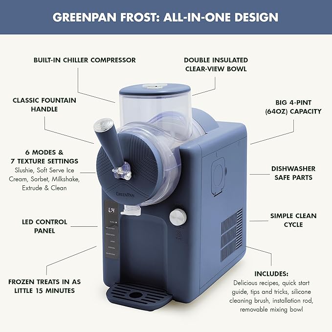 GreenPan Frost Ice Cream Maker & Slushie Machine, Soft Serve, Sorbet, Margaritas, Milkshakes, Frozen Yogurt, No Pre-Freezing, Ready in 15 Mins, 6 Modes, 7 Textures, Self-Cleaning, Family Size, Blue