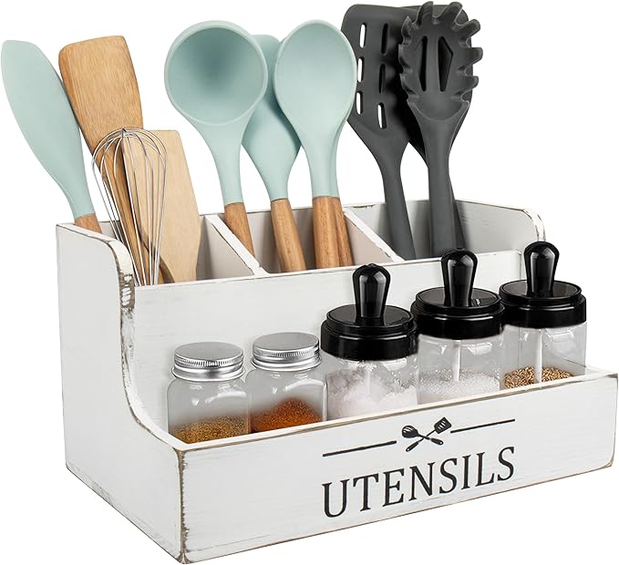 RedCall Extra Large Kitchen Utensils Holder 4 Compartments,Wood Utensil Organizer for Kitchen Countertop,Farmhouse Cooking Utensil Holder with Spice Storage space (Antique)