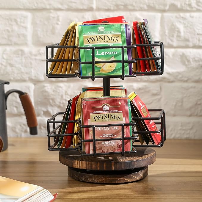MyGift 8 Compartment Tea Bag Organizer Carousel, Black Metal Wire Packet Holder and 360 Degree Spinning Burnt Solid Wood Base, Coffee Station Storage Caddy