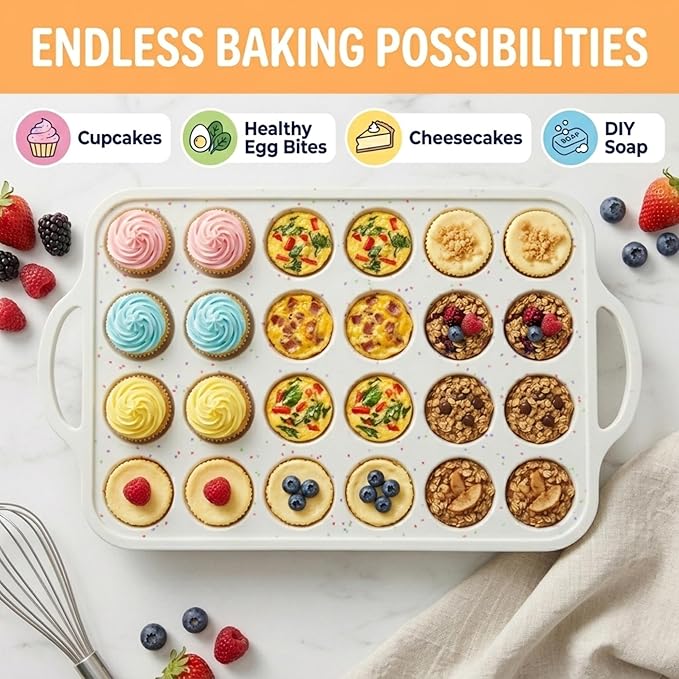 1-Pack - Silicone Mini Muffin Pan – 24-Cup, Nonstick Silicone Muffin Pans for Baking with Metal-Reinforced Handles, – BPA-Free Muffin Tin Tray for Mini Cupcakes & Snacks – Dishwasher Safe, Cream