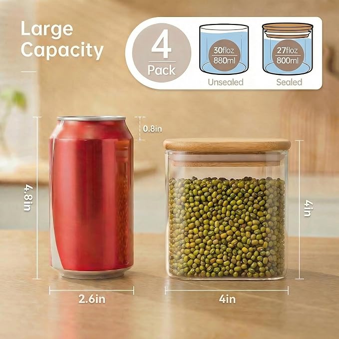 HomArtist 27oz - 4 Pack Square Glass Jars with Bamboo Lids, Glass Food Storage Containers with Airtight Lids for Kitchen, Air Tight Pantry Storage Containers