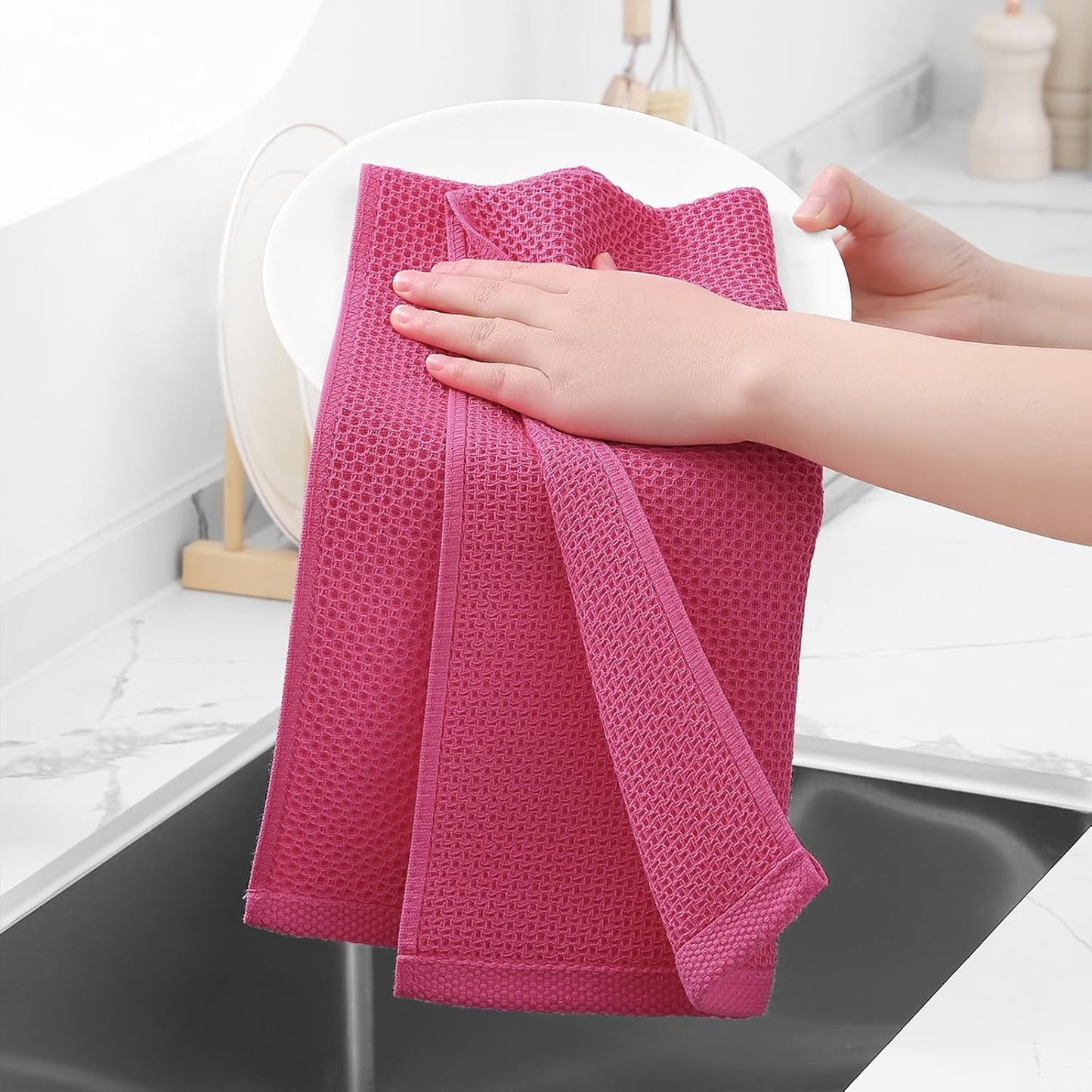 Homaxy 100% Cotton Waffle Weave Kitchen Dish Towels, Ultra Soft Absorbent Quick Drying Cleaning Towel, 13 x 28 Inches, 8-Pack, Hot Pink