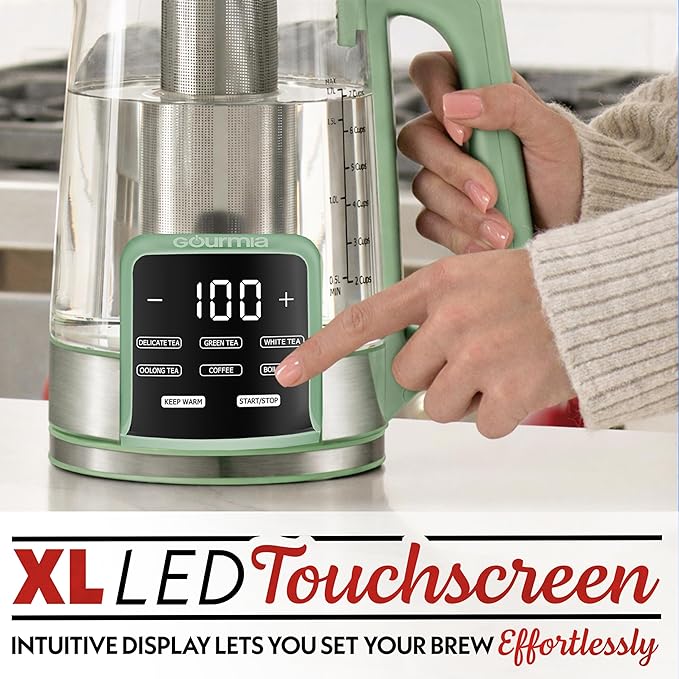 Gourmia Electric Glass Kettle – 1.7L Programmable Tea & Coffee Brewer with Digital Touch Display, 6 Presets, Removable Stainless Steel Infuser, Cordless with 360° Swivel Base, Green