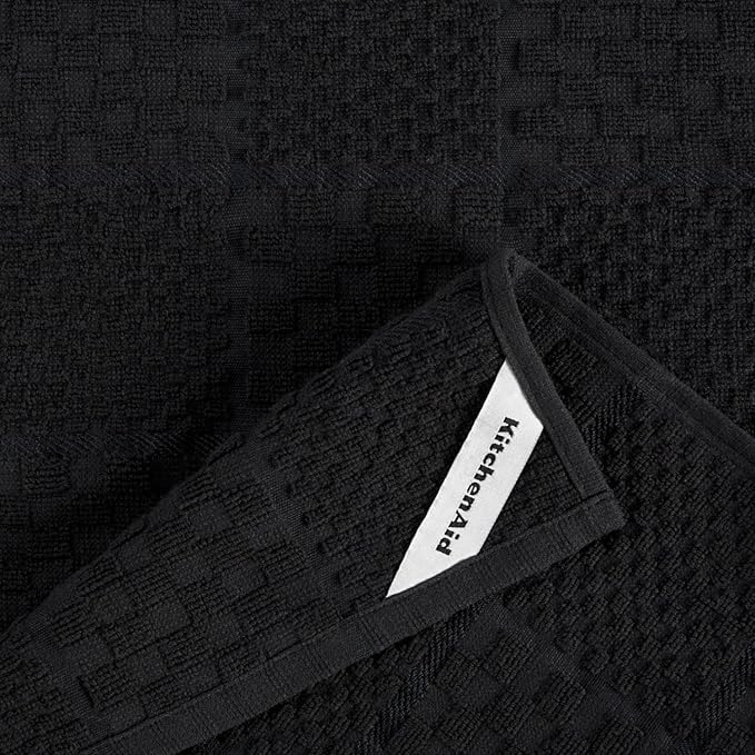 KitchenAid Quilted Cotton Terry Cloth Oven Mitt, Pot Holder, Kitchen Towel 4-Pack Set, Heat Resistant, Silicone Grip, Gift Set, Matte Black, 16"x26", 7"x13" & 7"x10"