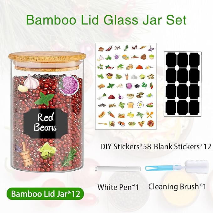 BGraceyy Glass Jars with Bamboo Lids 20 oz, 12 Pcs Stackable Kitchen Glass Pantry Storage Containers with Airtight Bamboo Lids for Rice, Candy, Sugar, Flour, Nuts, Cookie, Bean