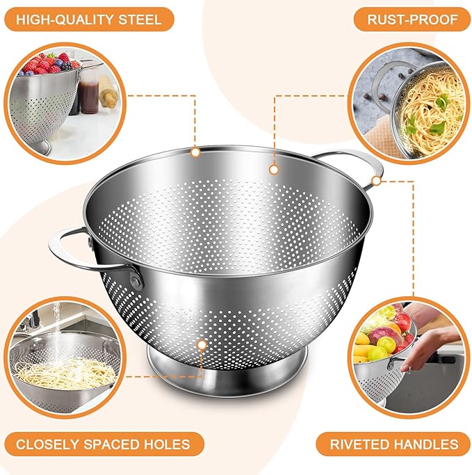 Stainless Steel Colander for Kitchen | 5 Quart Durable Rice and Pasta Strainer with Handle | Oversized Handles | Nesting Design | Rust-Resistant & Dishwasher Safe