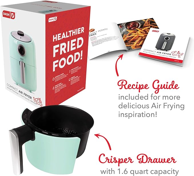Dash Compact Air Fryer - Healthy Cooking with Auto Shut-Off Feature, Adjustable Temperature Control & Nonstick Fry Basket - Has AirCrisp® Technology - 2 Quart - Aqua