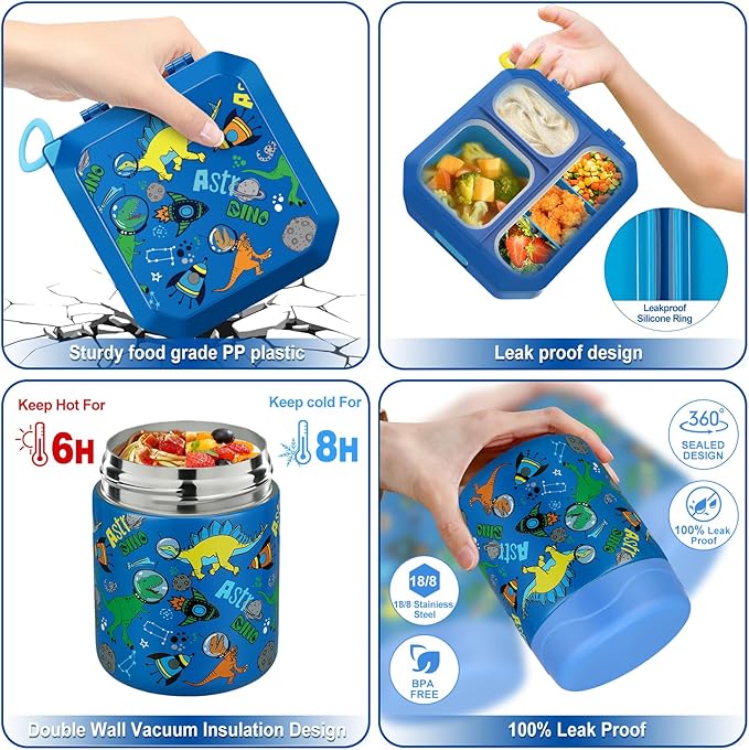 wiwens Bento Lunch Box for Kids with 12oz Soup Thermo Leak-Proof Lunch Food Container with 5 Compartment Thermo Hot Food Jar and Insulated Lunch Bag for Kid Toddler Girls Boys to School