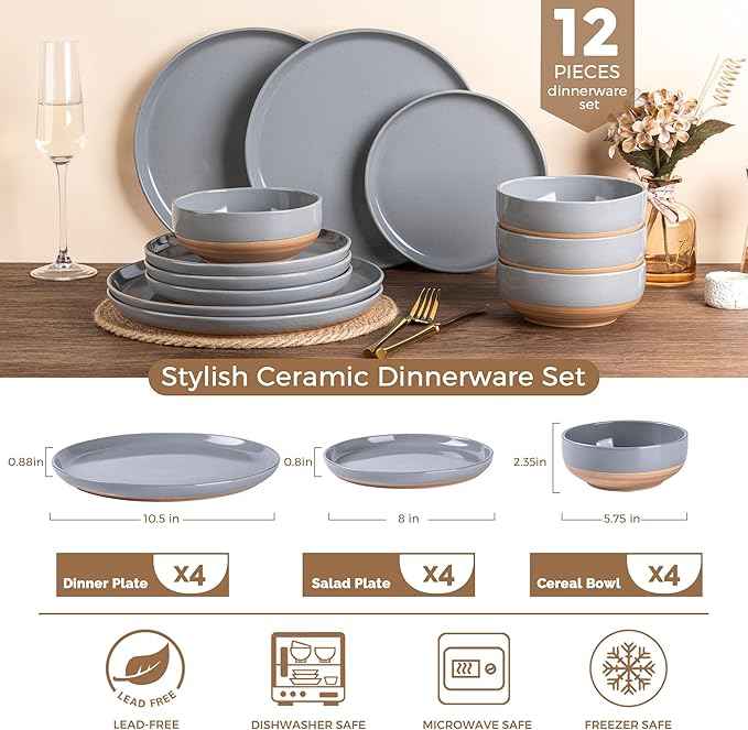 AmorArc Ceramic Dinnerware Sets for 4, 12 Pieces Handpainted Plates and Bowls Set with Rustic Terracotta Underside, Scratch Resistant Stoneware Dishes Set, Dishwasher & Microwave Safe, Gray