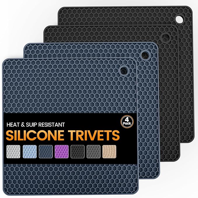 Silicone Trivet Mats 4 Heat Resistant Pot Holders Multipurpose Non-Slip Hot Pads for Kitchen Potholders, Drying mat, Jar Opener, Spoon Holder, Coaster.(Black Hidden Blue)