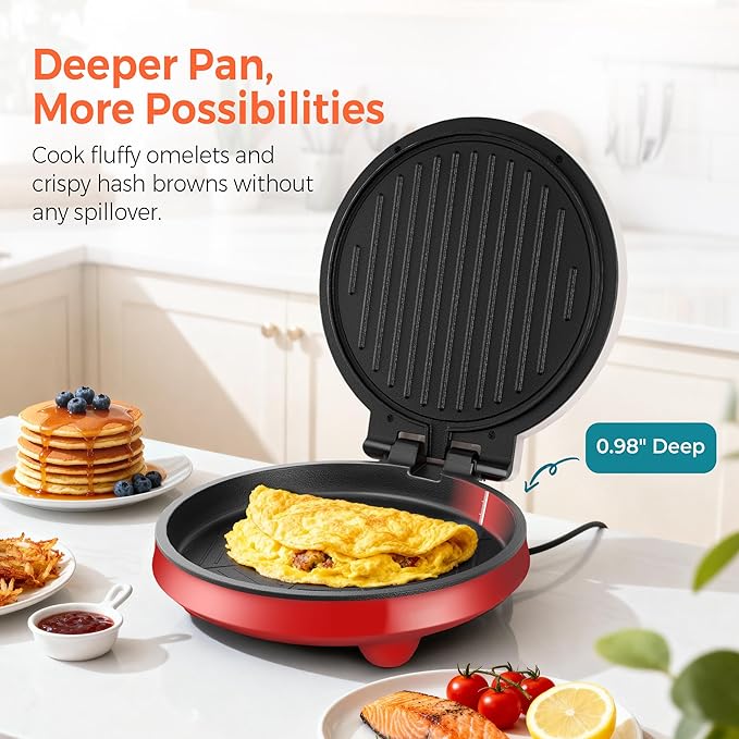 3-in-1 Electric Griddle & Panini Press - CACHOO 8" Nonstick Round Griddle and Sandwich Press with On/Off Switch, 180° Open Design, Perfect for Pancakes, Omelettes, Quesadillas, Veggies (Red/Beige)