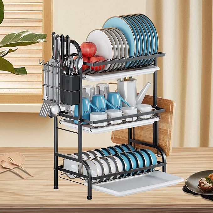 Goldmeet 3 Tier Dish Drying Rack, Large Stainless Steel Over The Sink Dish with Drain Tray, Kitchen Dishes Drying Racks, Dish Racks for Kitchen Counter Storage (Black)