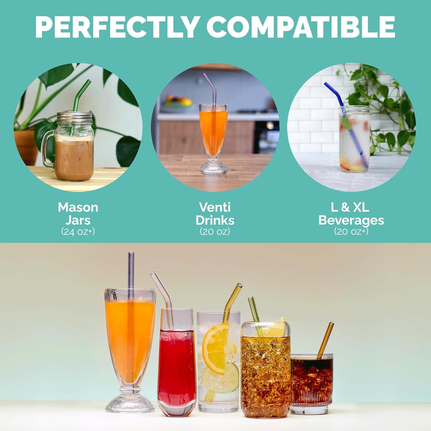Simply Straws 8 Inch Glass Straws Bent (6-Pack) – Reusable Glass Straws for Pints & Juice Drinkware, with Cleaning Brush – Dishwasher Safe, Hot & Cold Use, BPA-Free (Seaglass)