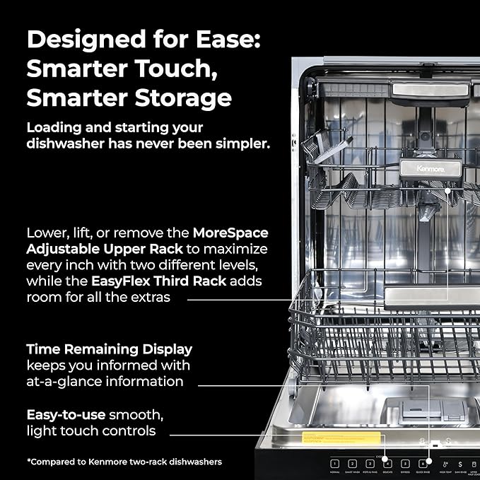Kenmore 22-14609 24" Built-In Dishwasher - UltraWash Plus, TurboDry, SmartWash & EasyFlex Third Rack - 15 Place Settings - 45 DBA - ENERGY STAR Certified - 24" - Black