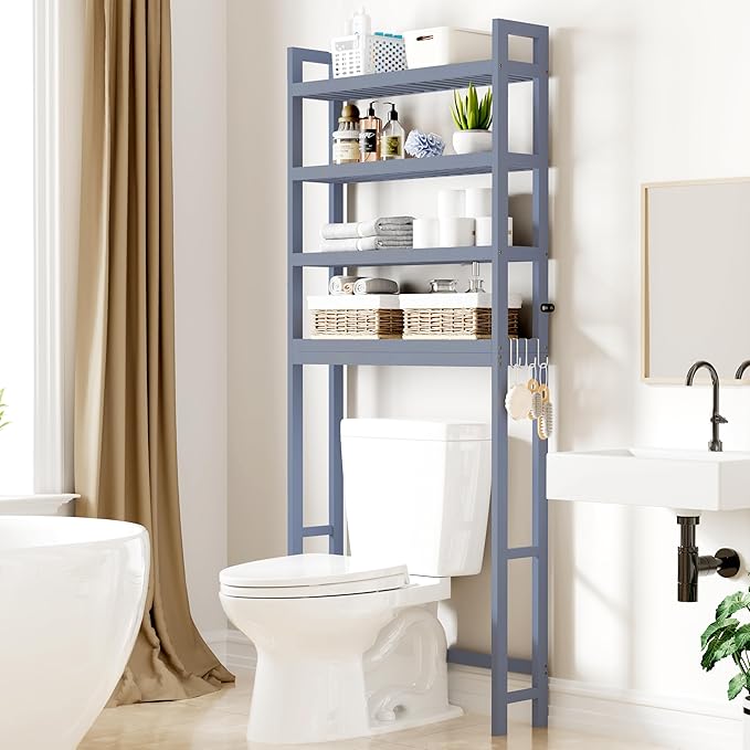 Smiry Over The Toilet Storage Cabinet, 4-Tier Bamboo Bathroom Organizers with Adjustable Shelf & 4 Hooks, Space Saving Shelf Rack for Bathrooms, Laundry Room, Balcony, Grey