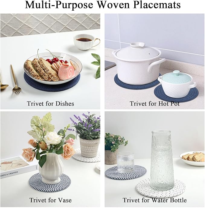 SHACOS 8 Inches Trivets for Hot Dishes, 4 Pieces Cotton Trivets Mats for Kitchen, Hot Pads for Countertops and Table, Heat-Resistant Pot Holders for Hot Pots and Pans(Blue, 4pcs)