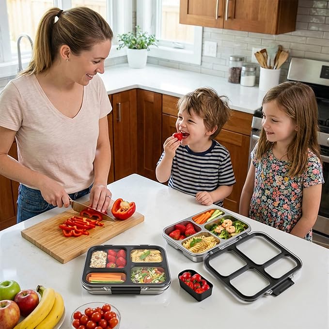 Stainless Steel Bento Box for Kids with Silicone Container, 4 Compartment Metal Lunch Box Kids Adults, Removable Silicone Seal & Clear Lid, Leak Proof Food Storage Container for MealBlack