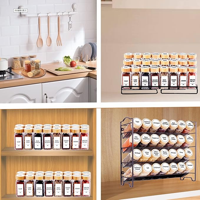 SWOMMOLY 24 Pcs Glass Spice Jars with Labels, Square Spice Jars with Bamboo Lids, 4 oz Empty Spice Bottles with Shaker Lids, Seasoning Spice Storage Containers Bottles