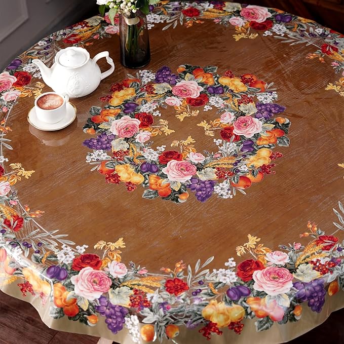 Clear Table Cover Protector Vinyl PVC Round Table Cloth with Floral Fruit Pattern Oil Spill Proof Plastic Tablecloths for Dining Tables Parties Holidays (Floral Fruit, 55 Inches Round)