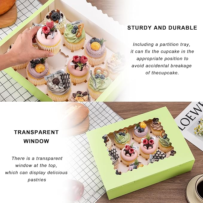 Hoewina 6PCS Cupcake Boxes - Hold 12 Count Cupcake Containers with Window, Food Grade Cupcake Holder Easy Transport and Presentation - Ideal for Cupcakes, Desserts, and More (Light Green)