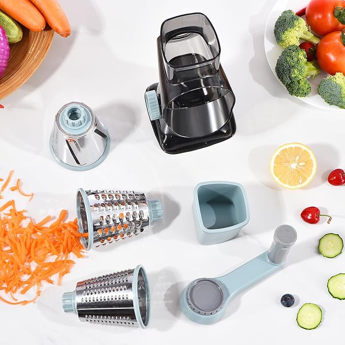 Rotary Cheese Grater with Handle Kitchen Shredder Slicer Grater Slicer Ice Shaver Cheese Vegetable Nuts Potato Zucchini Chocolate 3 Interchangeable Blades (GreyBlue)