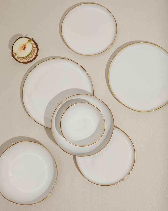 24 Piece White Ceramic Plates and Bowls Sets for 8, Reactive Glaze Stoneware with Coastal‑Line Look | Ideal for Holiday Entertaining, Thanksgiving, and Large Family Meals