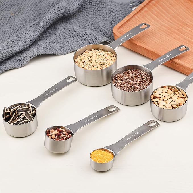Measuring Cups Set, 18/8 (304) Stainless Steel Measuring Cups Set 9, Metal 8 Measuring Cups with 1 Magnetic Conversion Chart, Metric Measuring Cups with 1/8 & 3/4 Cup for Baking & Kitchen